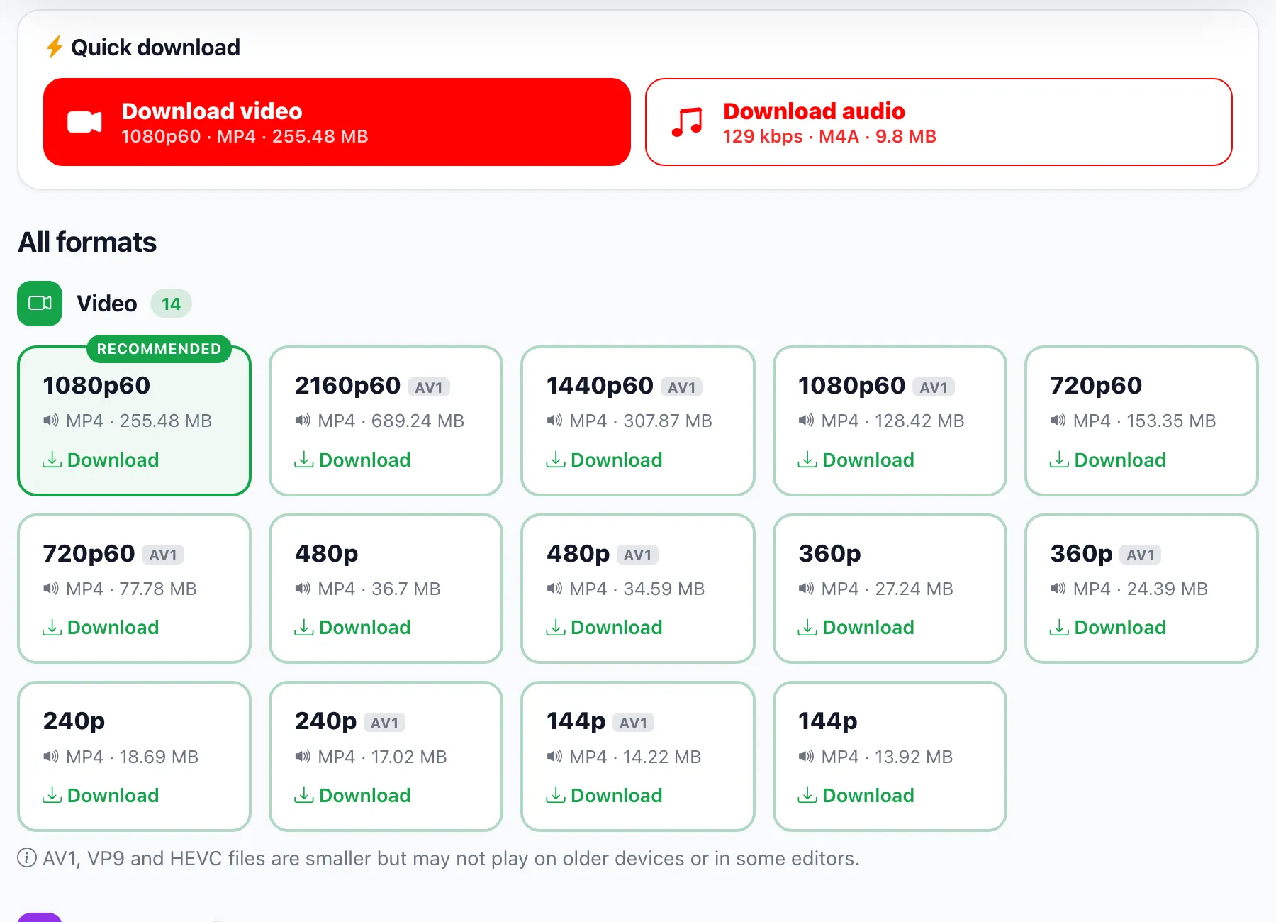 Quick download buttons and video formats with a Recommended badge
