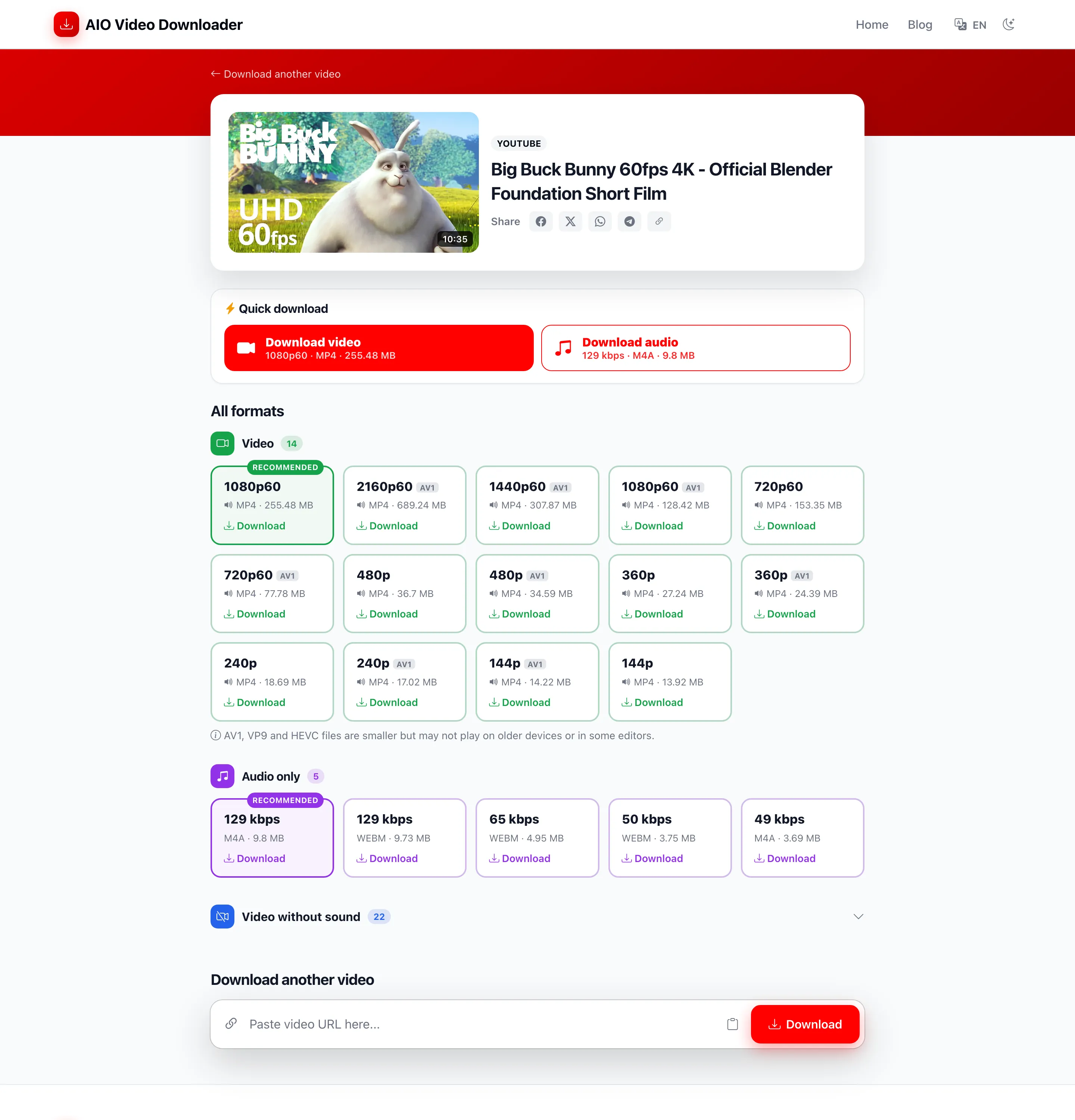 Results page with quick download buttons and all formats